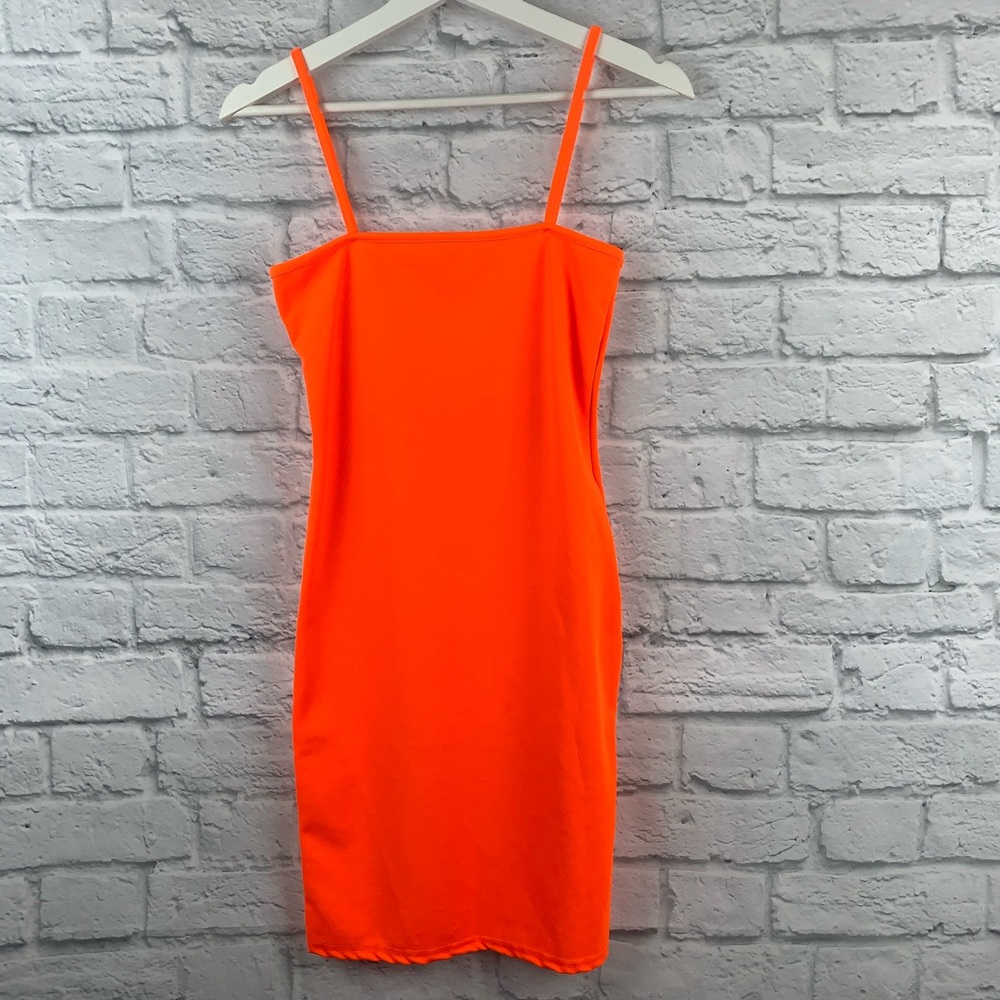 Neon Orange Strappy Bodycon Mini Dress - Picture 2 of 3